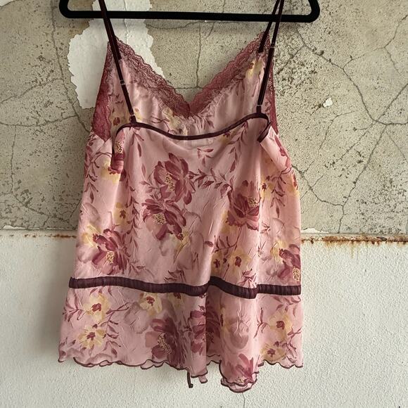 Floral Chiffon Pajama Set Romantic Coquette Loungecore Pink Burgundy Lace XL - Picture 7 of 8